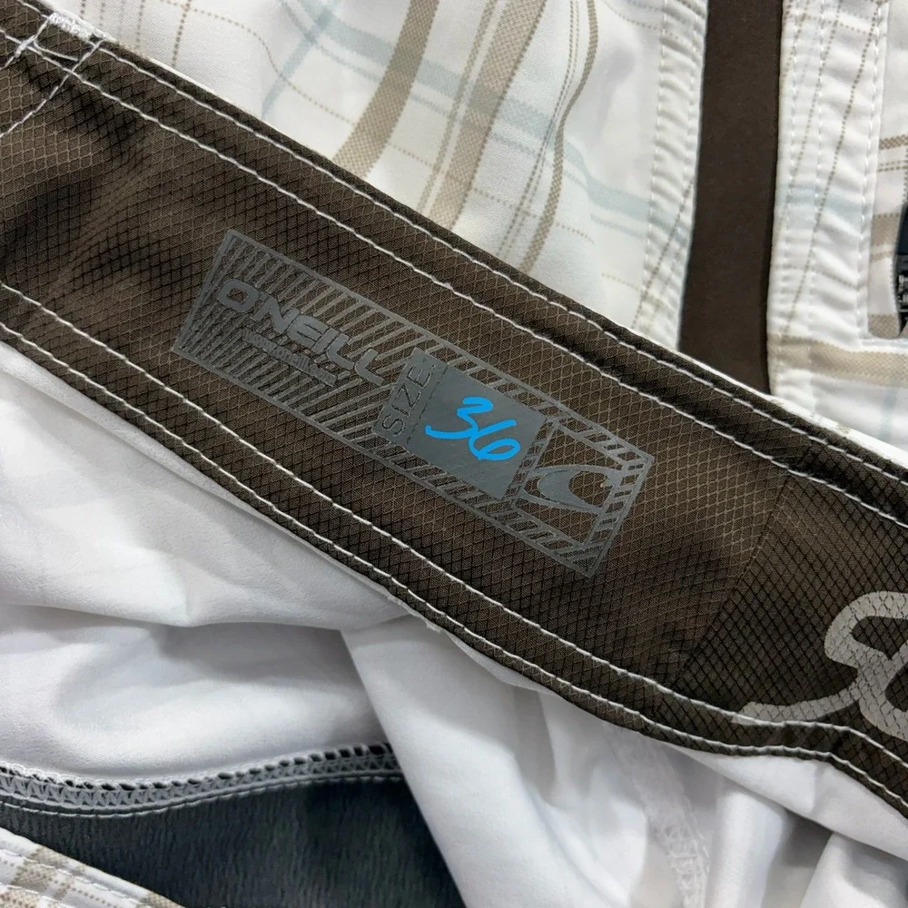 O'Neill Superfreak Board Shorts Mens 36 White Brown Plaid Y2K Surf Swim Trunks